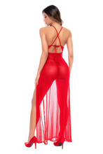 Red Sheer Lace Plunge Maxi Gown & Thong Set