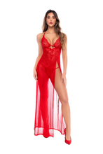Red Sheer Lace Plunge Maxi Gown & Thong Set
