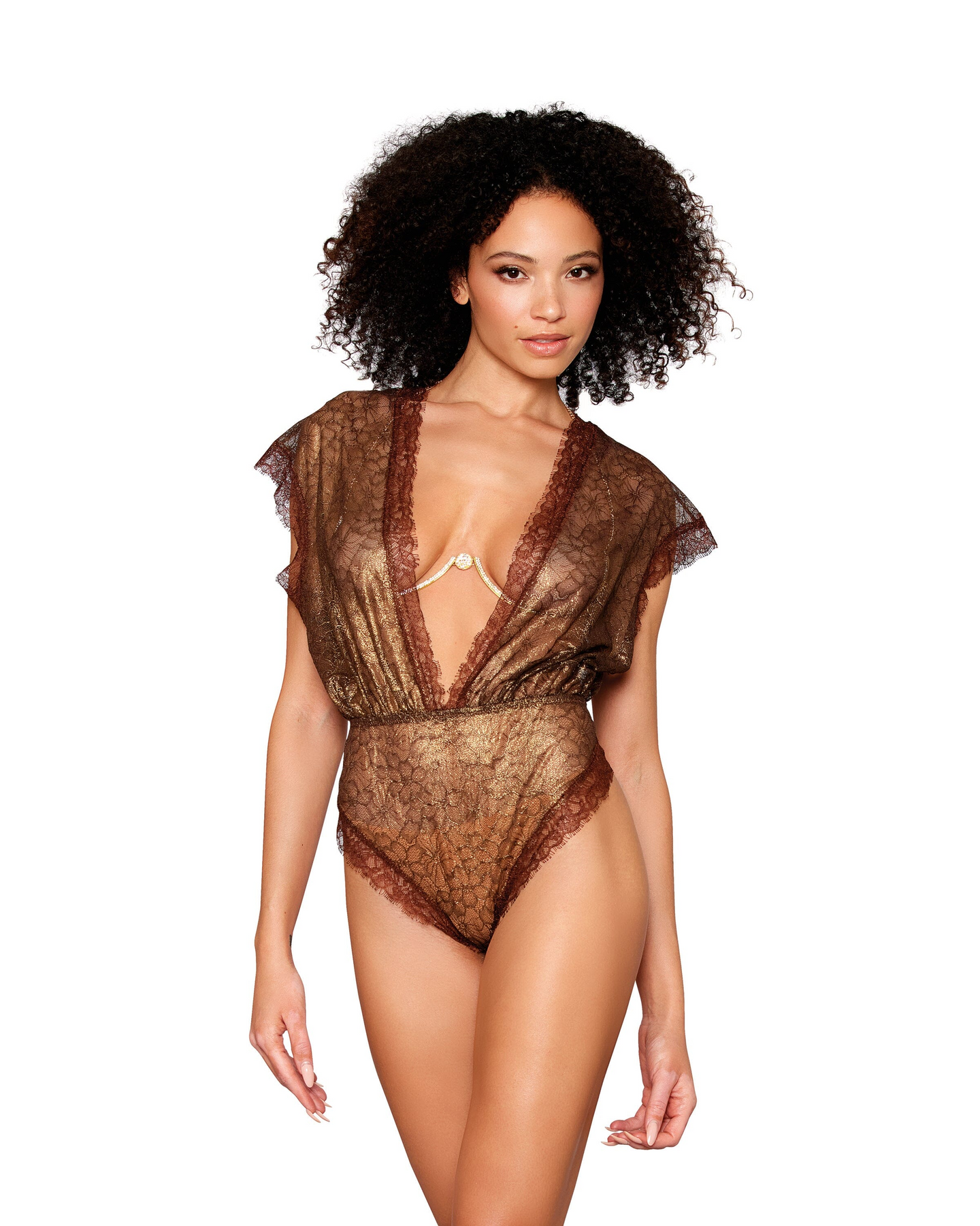 Elegant gold-foil sheer mesh bodysuit