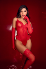 Red Dotted Mesh Plunge Lace-Up Teddy