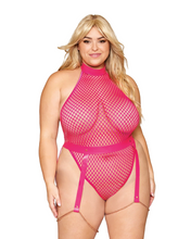 Fishnet and faux leather hot pink bodysuit