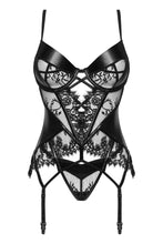 Alluring black lace and wetlook corset lingerie set