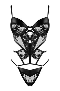 Exquisite lace and wetlook bodysuit lingerie set