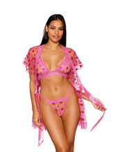 Pink flocked heart mesh bralette and eyelash lace robe