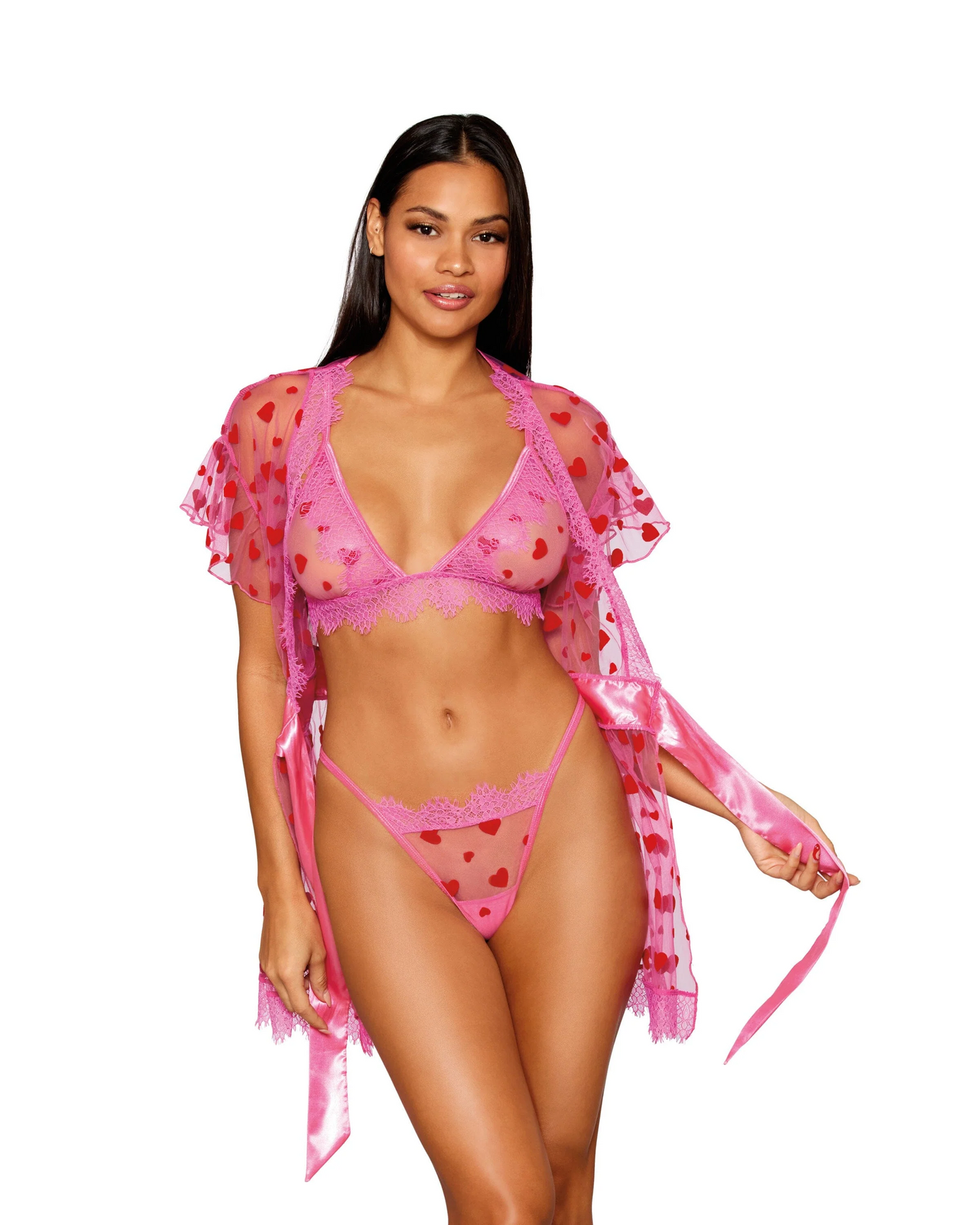 Pink flocked heart mesh bralette and eyelash lace robe