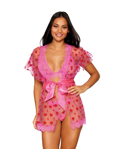 Pink flocked heart mesh bralette and eyelash lace robe