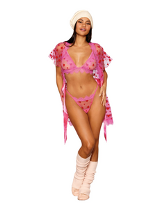 Pink flocked heart mesh bralette and eyelash lace robe