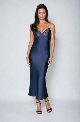 Elegant satin navy blue long nightdress