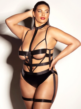 Black Peek-A-Boo Vinyl Bodysuit with Choker & Removable Garter Stays