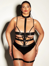 Black Peek-A-Boo Vinyl Bodysuit with Choker & Removable Garter Stays