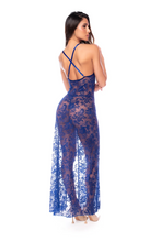 Blue Sheer Lace Plunge Maxi Gown with Open Back