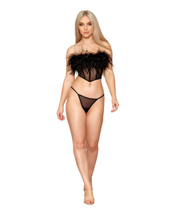 Black mesh bustier with removable feather trim