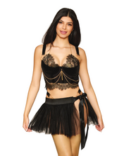 Exclusive black velvet bustier set with gold lurex lace