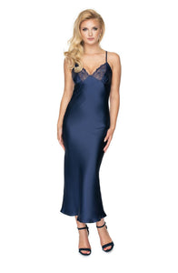 Elegant satin navy blue long nightdress