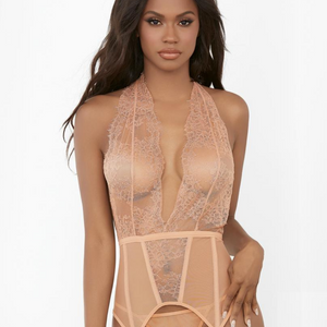 Elegant sheer mesh nude bustier set