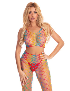 Rainbow fishnet bodystockings