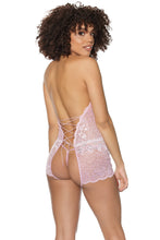 Sensual light pink crotchless bodysuit with rhinestones