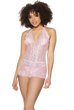 Sensual light pink crotchless bodysuit with rhinestones