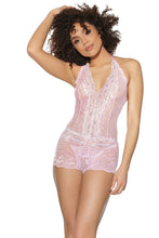 Sensual light pink crotchless bodysuit with rhinestones