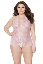 Sensual light pink crotchless bodysuit with rhinestones