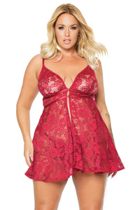 Sensual ruby red lace babydoll set