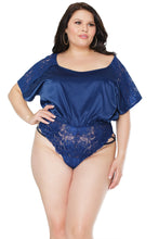 Navy Blue satin and Lace Shoulder Romper