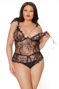 Erotic crotchless lace bodysuit with triangle cups