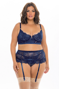 Delicate navy blue underwired bralette and garter set