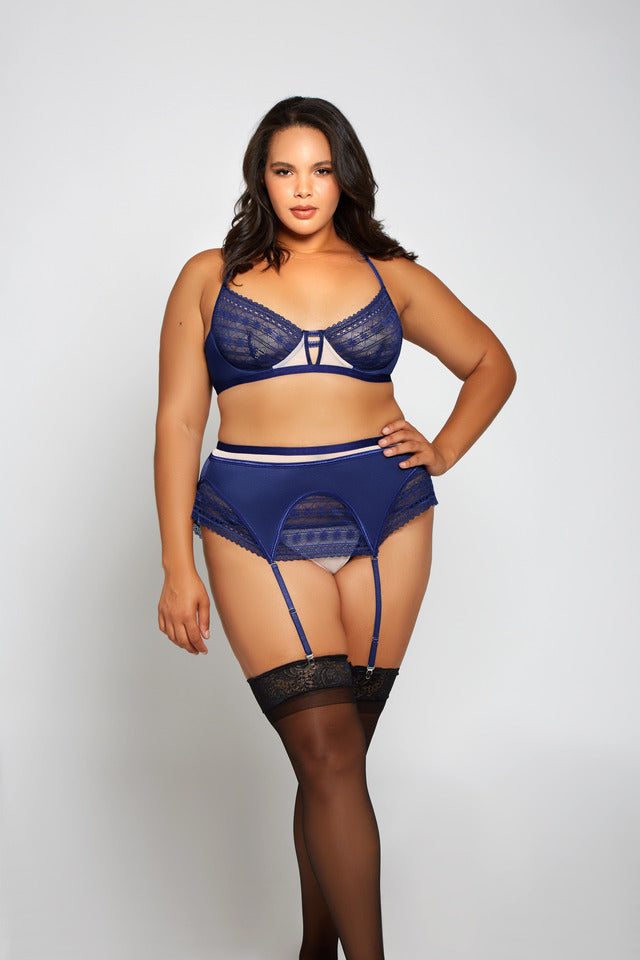Gorgeous plus size navy blue bra and garter set