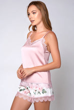 Elegant satin cami top with floral printed shorts and lace trim