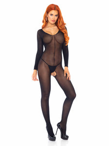 Sheer long-sleeved scoop neck bodystocking
