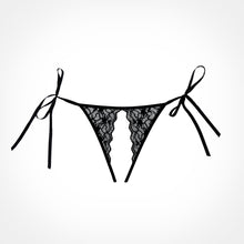 Flirty crotchless black thong with ribbons