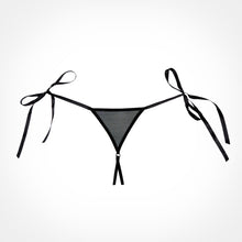 Flirty crotchless black thong with ribbons