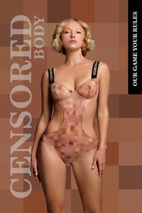 Designer Censored mesh beige bodysuit