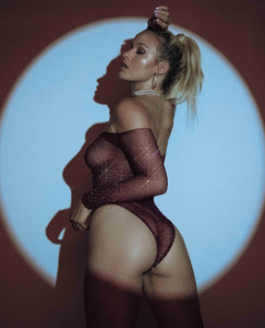 Glamorous fishnet bodysuit with rhinestones