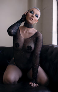 Glamorous fishnet bodysuit with rhinestones