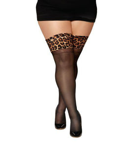 Black thigh high stockings with leopard print top