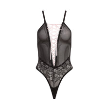 Sexy mesh black bodysuit with pink ribbon