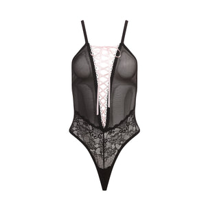 Sexy mesh black bodysuit with pink ribbon