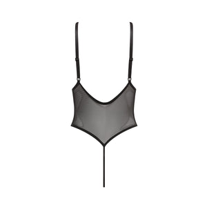 Sexy mesh black bodysuit with pink ribbon