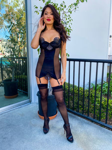 Glamorous velvet and mesh garter slip