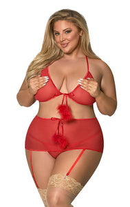 Marabou Bra, Skirt and G-String Set Red