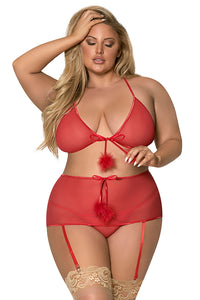 Marabou Bra, Skirt and G-String Set Red