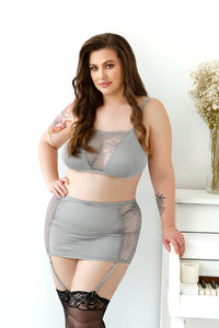 Plus size Lace Panel Bralette, Matching Gartered Skirt & G-string Panty