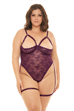Seductive purple bodysuit with Open shelf cup set with garter stays