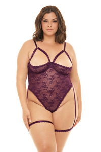 Seductive purple bodysuit with Open shelf cup set with garter stays