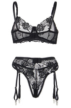 Floral Embroidery Underwire Garter Lingerie Set