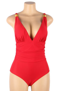 Stunning red plunging V-neck style swimsuit