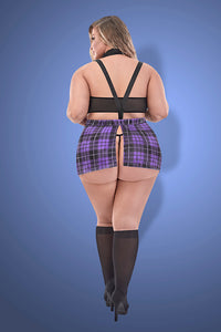 Sexy Schoolgirl costume with suspenders and purple plaid skirt