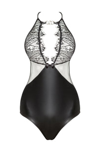 Wet look lace bodysuit with a diamante buckle